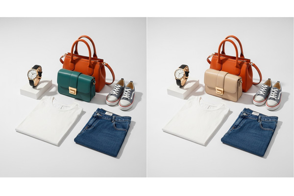 Ecommerce products like watch, ring, bag, t-shirt and footwear with color correction view