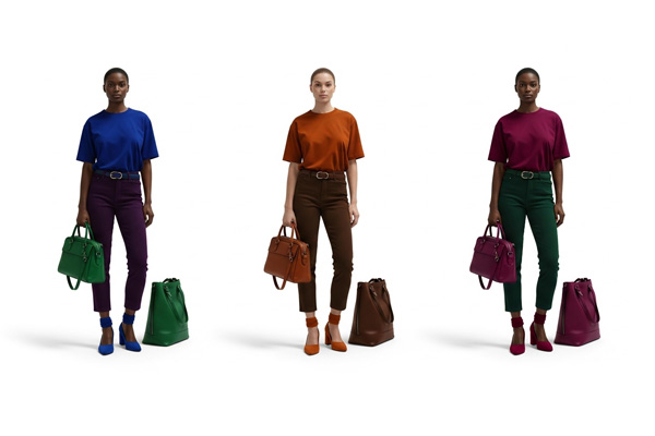 Model wearing t-shirt, bag and footwear with Photoshop color replace editing view