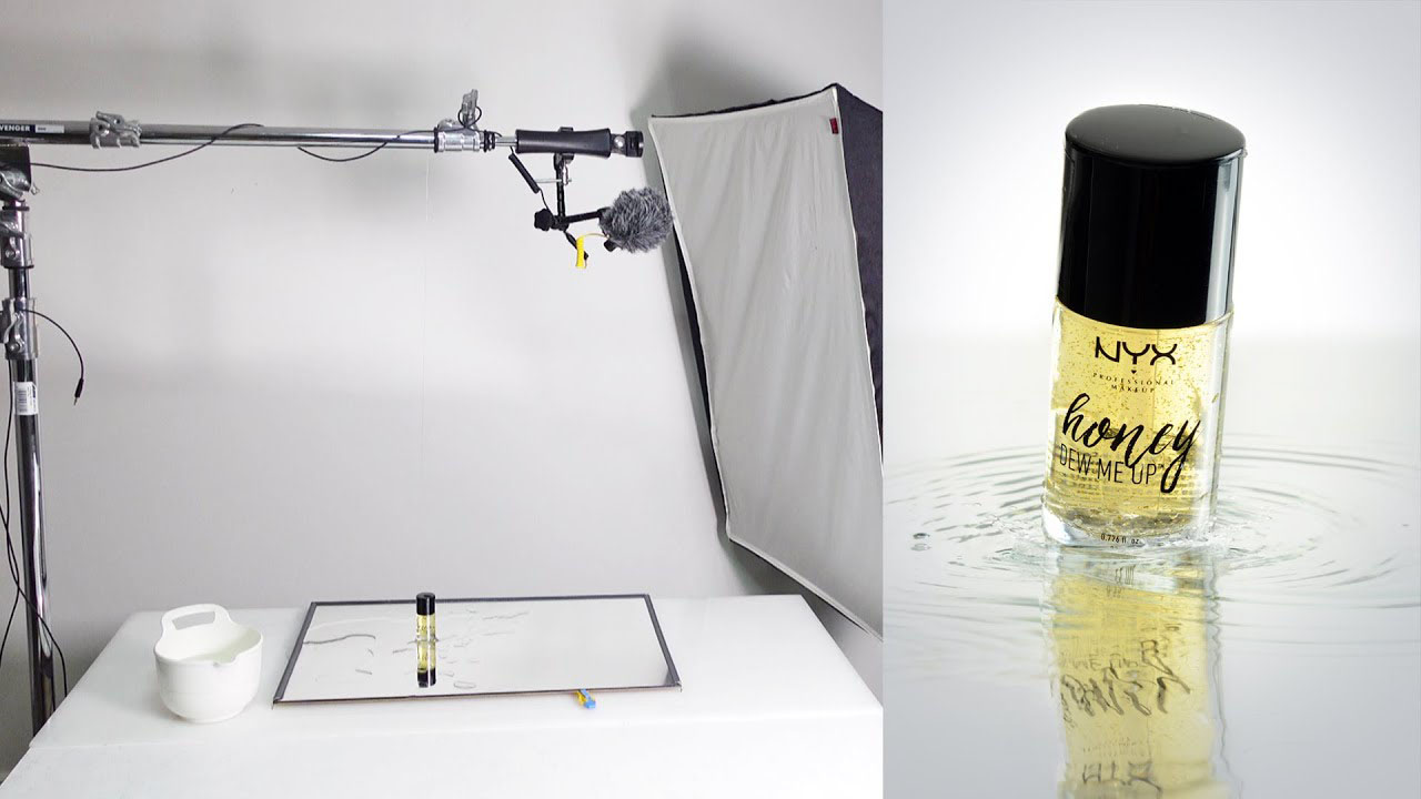 Reflection product photography setup showing product with controlled reflection and studio lighting