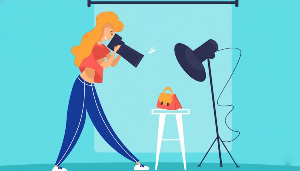 Photography studio lighting setup with softboxes, LED lights, and reflectors positioned for product shooting