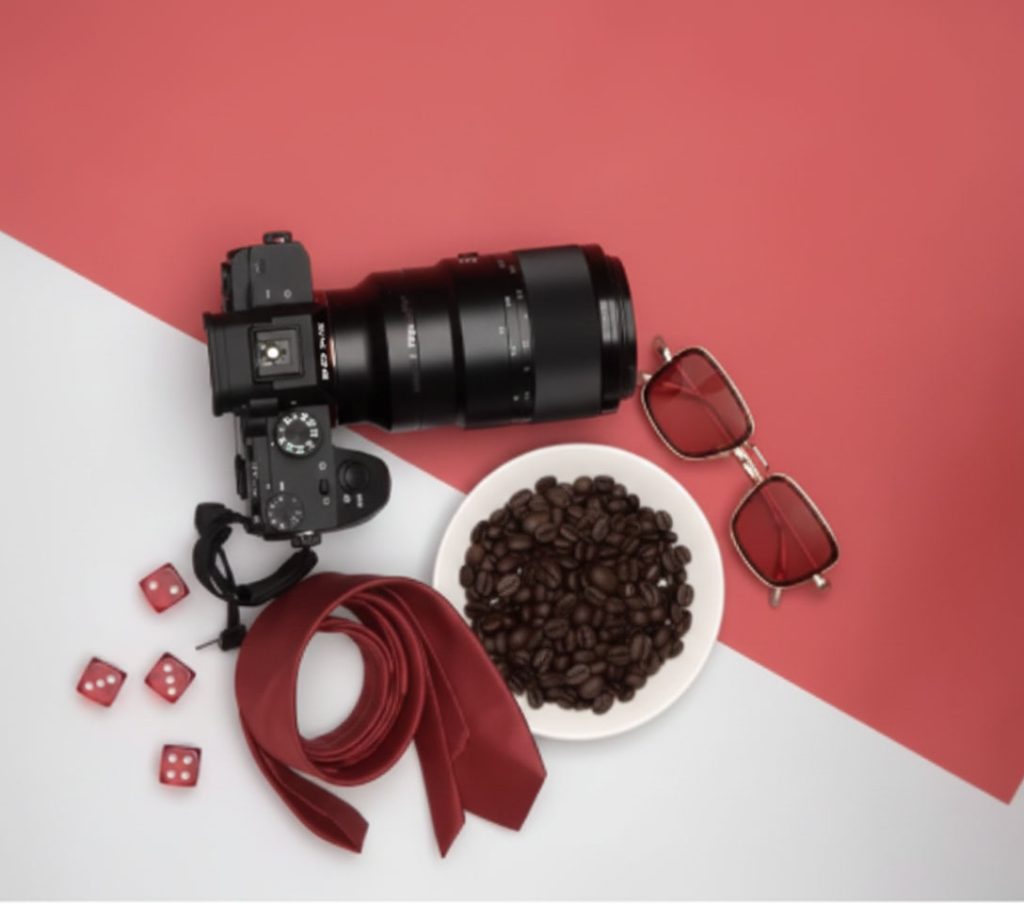 Flat lay product photography showing top-down arrangement with clean styling and background