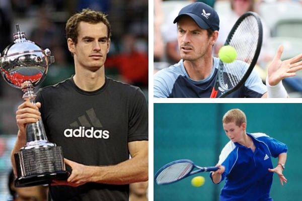 Andy Murray playing tennis during a professional match with cameras capturing his action and fans cheering at an international event