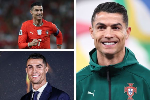 Cristiano Ronaldo celebrating during a football match surrounded by cameras and international media coverage