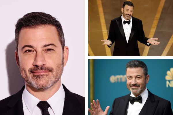 Jimmy Kimmel hosting a live television event with photographers and media cameras capturing the on-stage moment