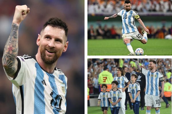 Lionel Messi celebrating on the field with cameras capturing the moment during a major international football match