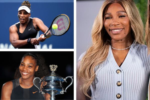 Serena Williams competing in a major tennis tournament with photographers and fans capturing the powerful on-court moment